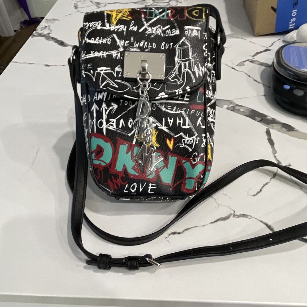 DKNY Black Graffiti Print Small Crossbody Bag Adjustable Strap Logo Charm